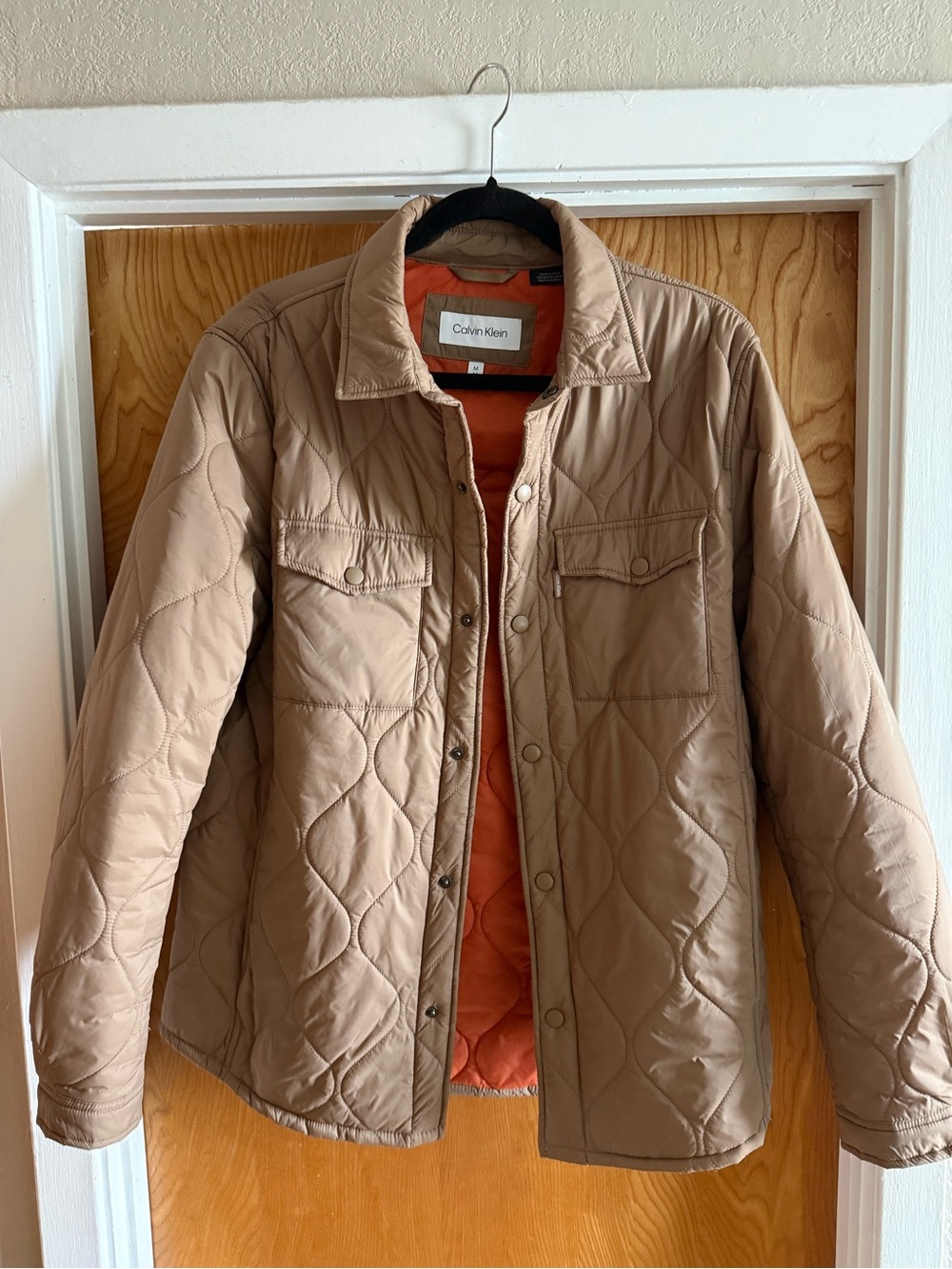 Calvin Klein Tan Quilted Puffer Jacket with Orange Lining